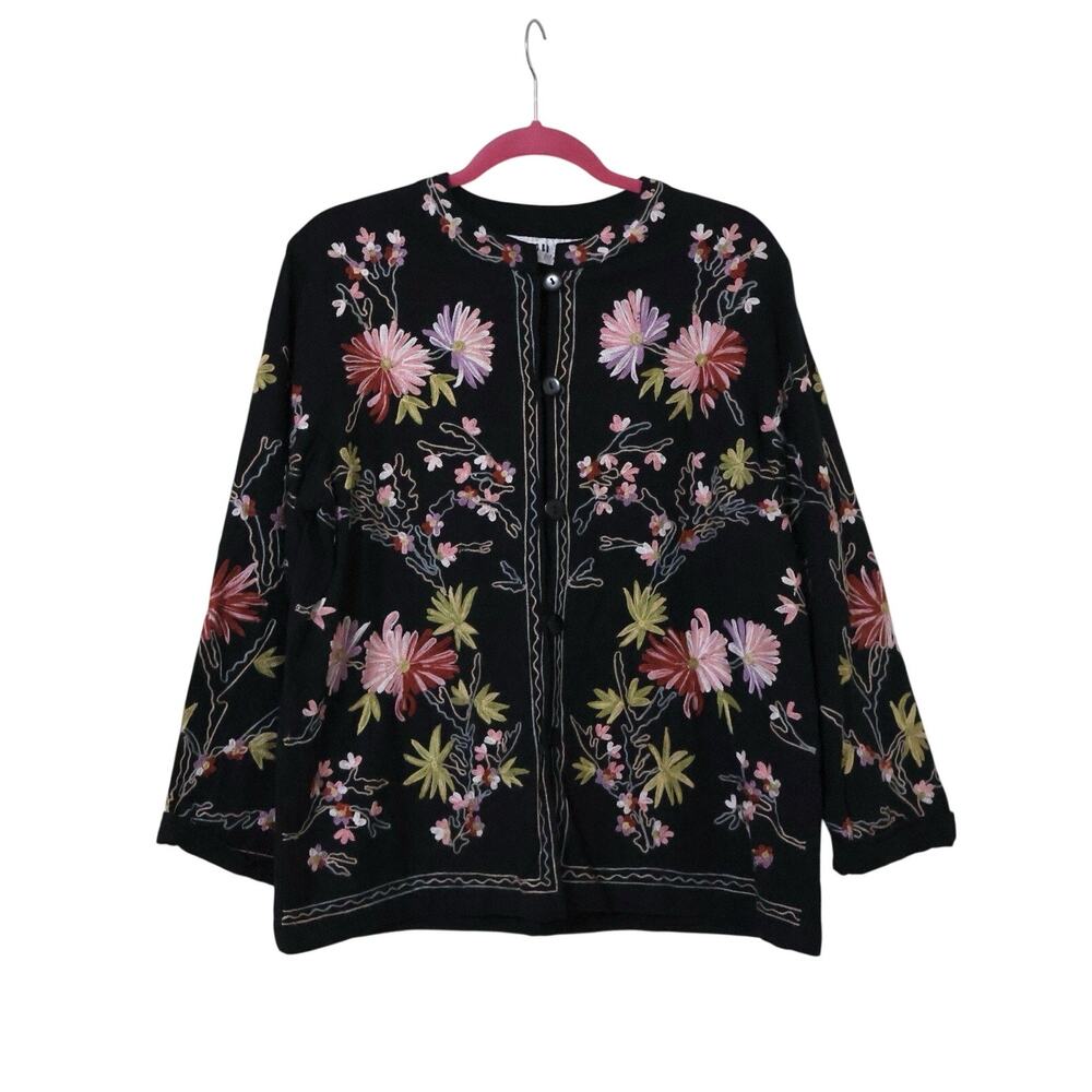 Vintage Bedford Fair Black Pink Embroidered Floral Flax Jacket L Boho Lagenlook